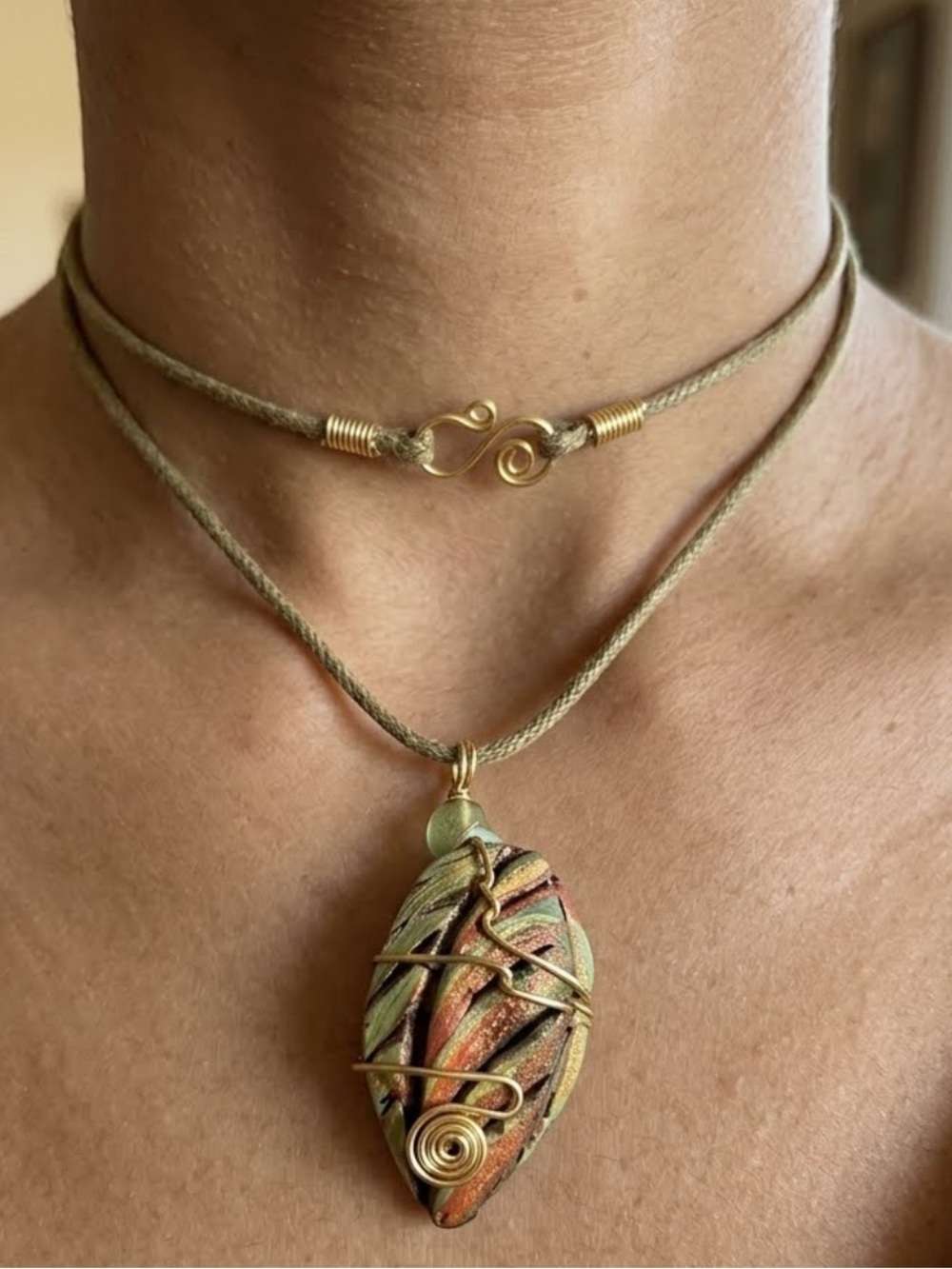 Handcrafted Olive Green & Copper Wrapped Pendant Necklace with Gold Wire